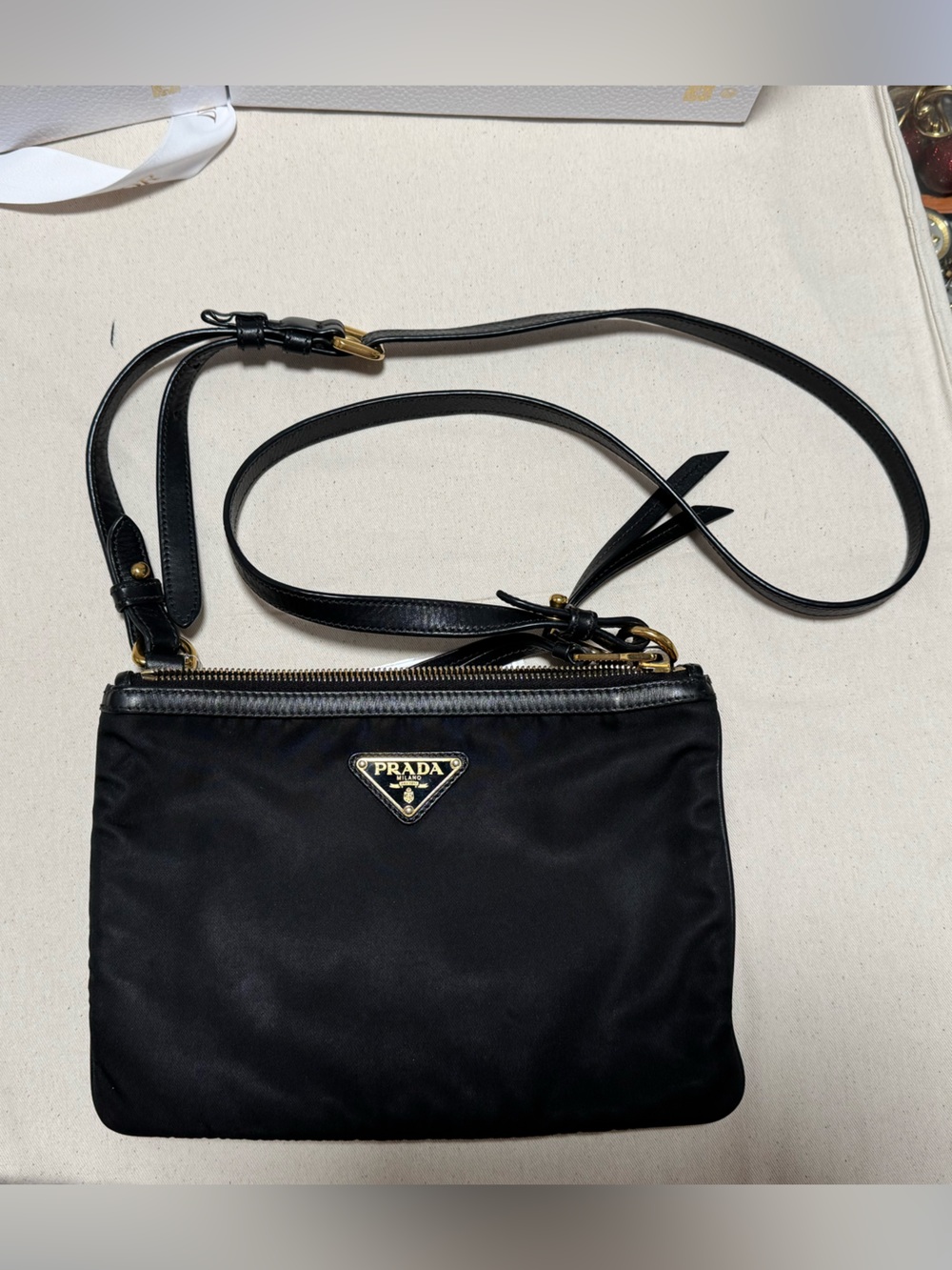 Prada Black Nylon Shoulder Bag with Gold Logo Hardware